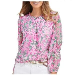 Vineyard Vines Flowing Pink And Purple Ruffled Bell Sleeve Blouse